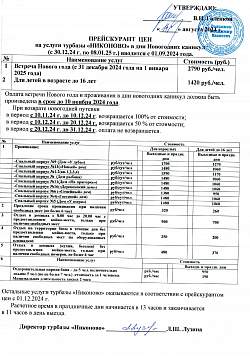 Прейскурант цен в Новогодние каникулы с 01.09.2024г